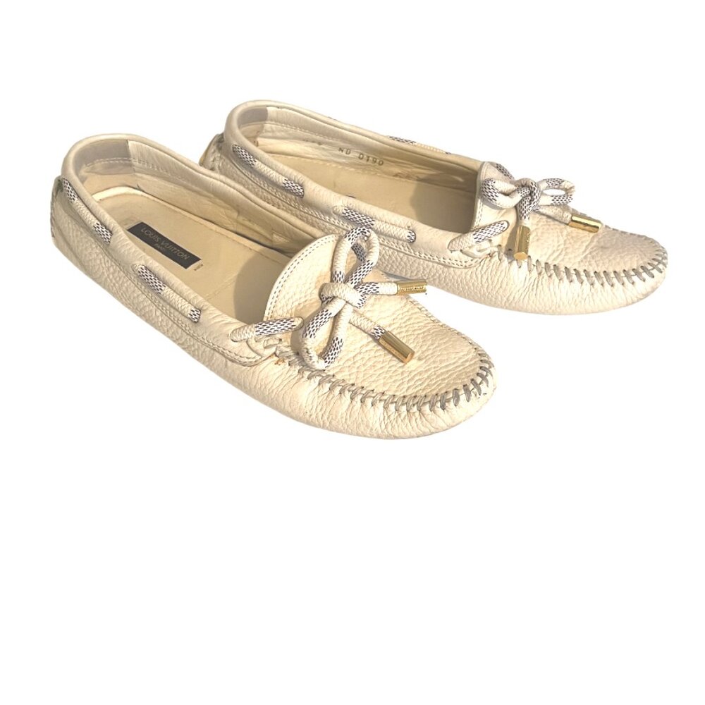 Louis Vuitton Gloria Off White Leather/Damier Azur Canvas Jersey Loafers Size 35